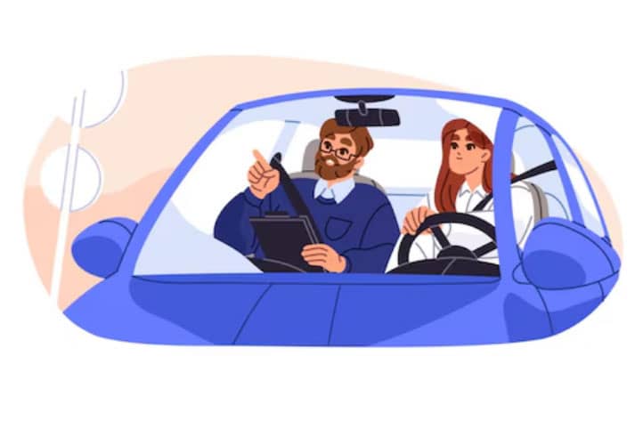 Instructor guiding a learner driver at the wheel