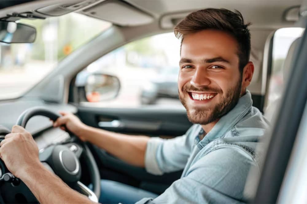 Happy learner holding car keys after passing a driving lesson